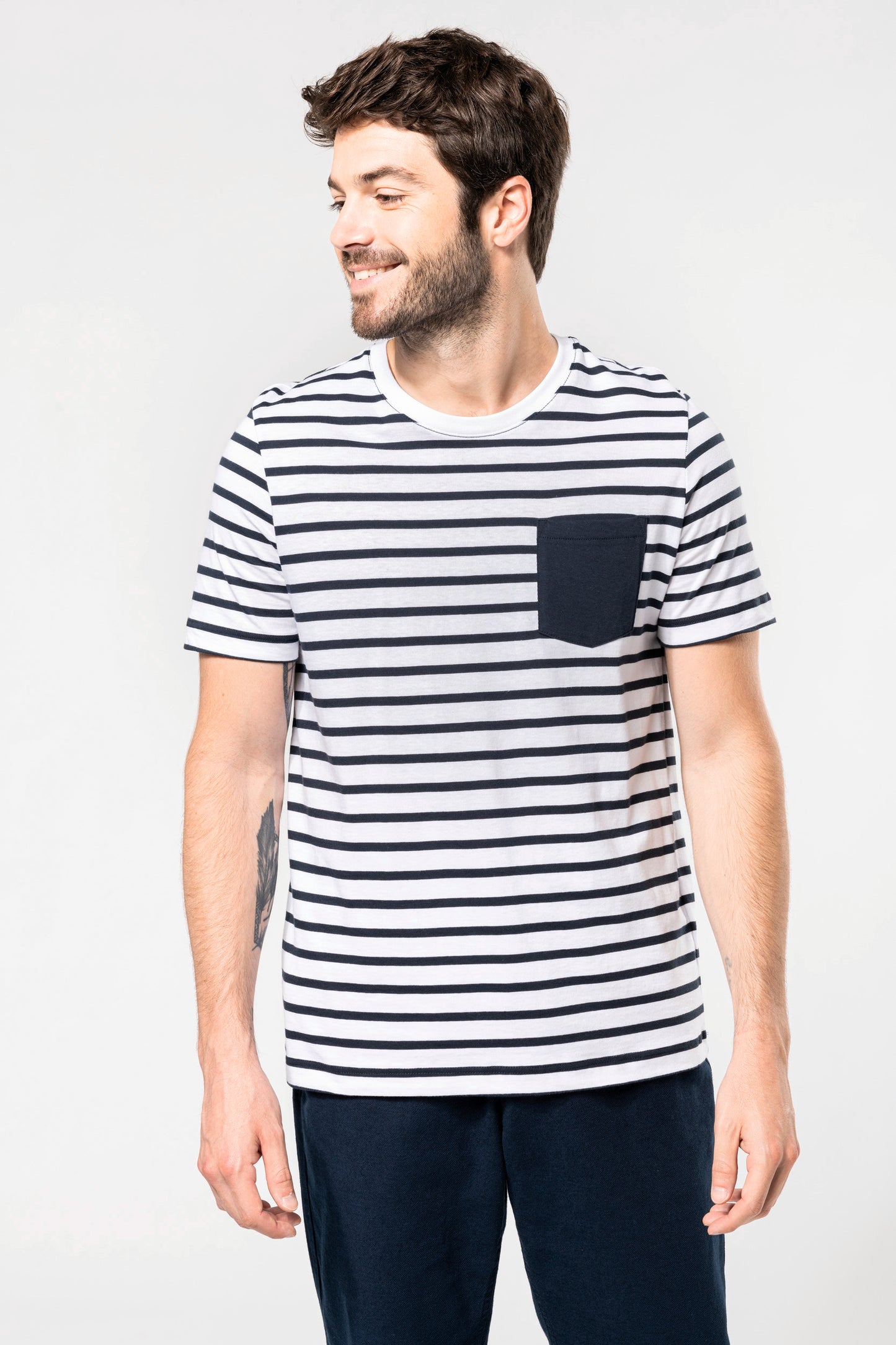 K378 - T-shirt manica corta a righe stile marinaio con tasca