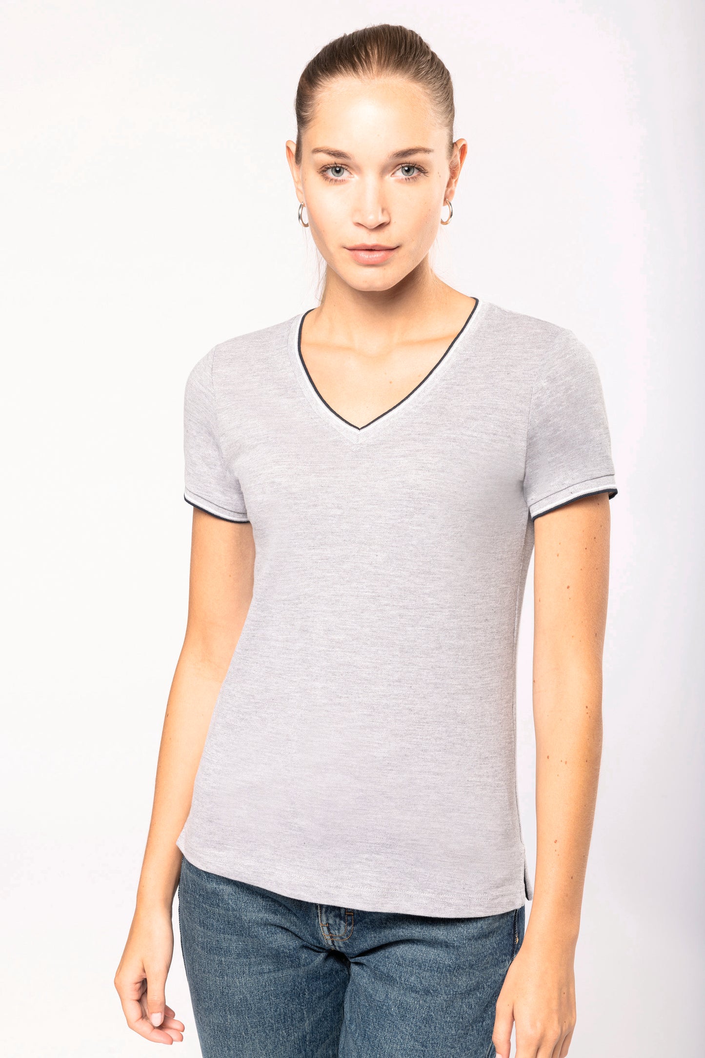 K394 - T-shirt piqué donna scollo a V